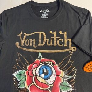 Von Dutch Graphic T-Shirt Mens Medium Black‎ Rose Eye Tattoo Style